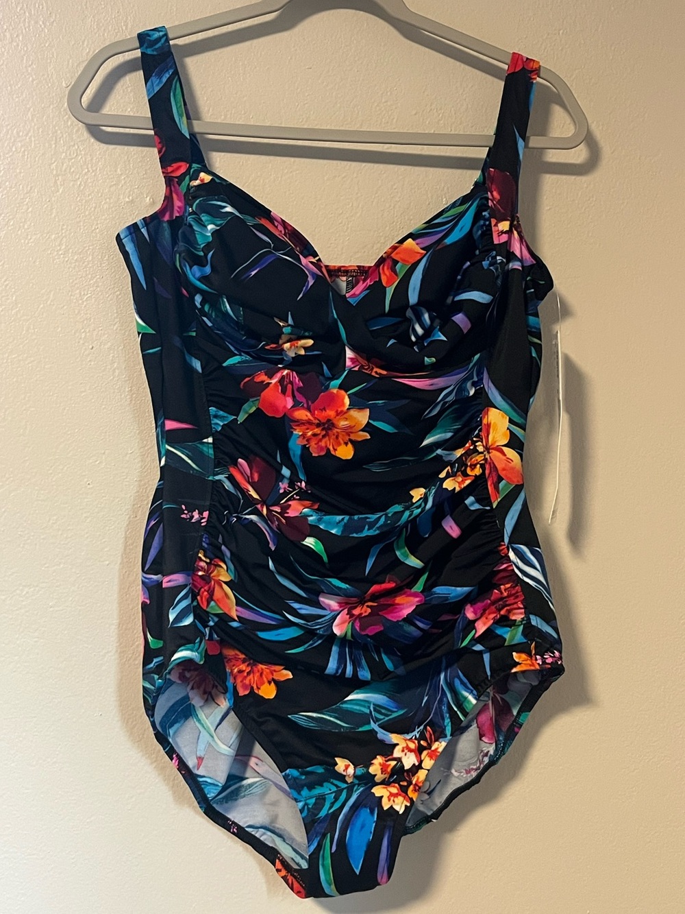 NWT Trimshaper Floral Black One-Piece Swimsuit with Tropical Print-16